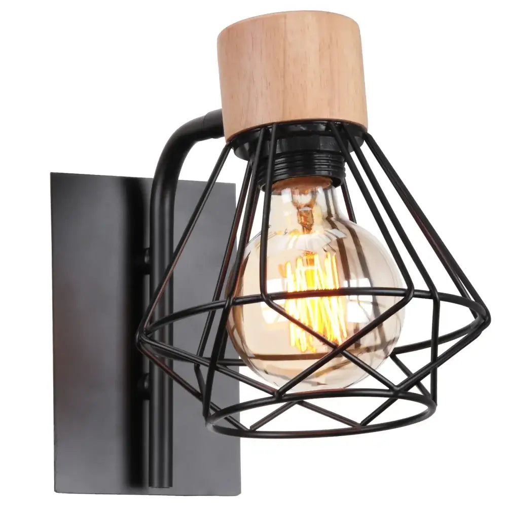 Industrial wire cage wall sconce with black metal cage wooden top cap and exposed filament bulb for bedroom decorbites industrial wire