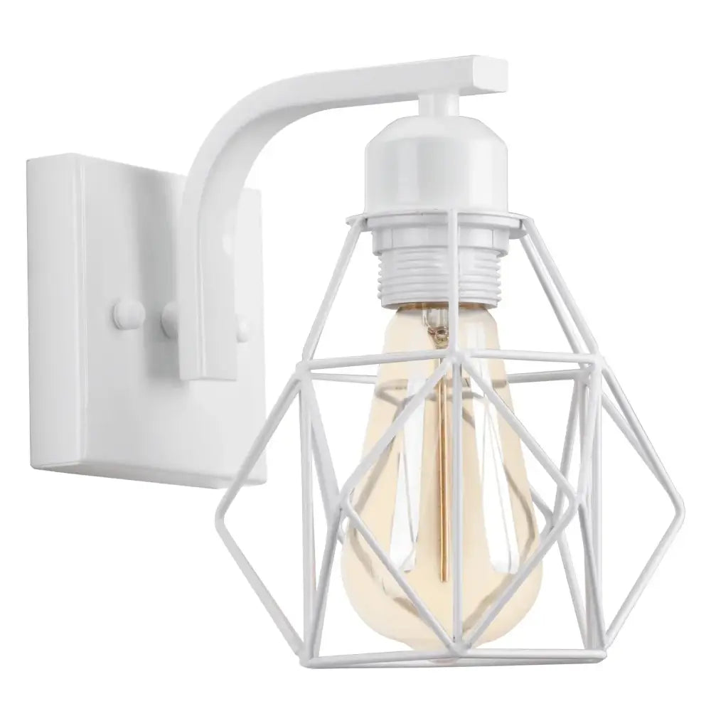 White metal wall sconce with geometric industrial wire cage and exposed filament bulb for bedroom decorbites industrial wire cage design