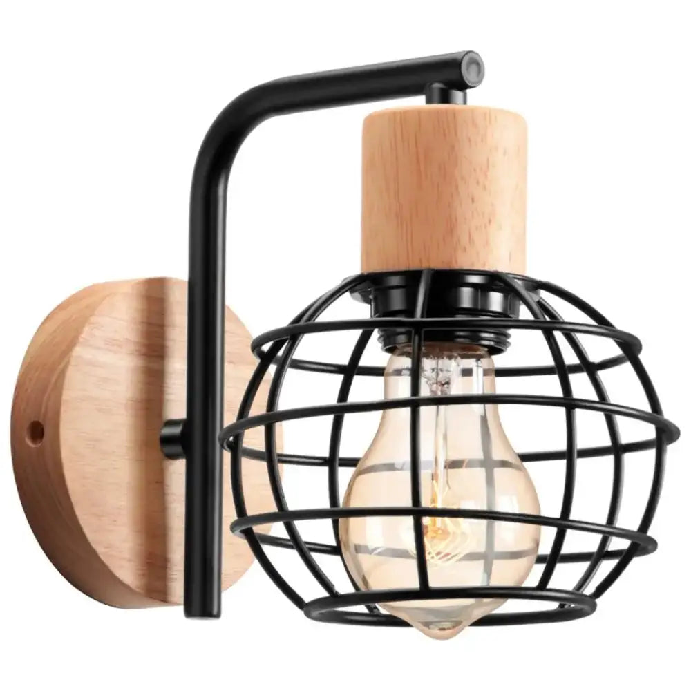 Industrial wire cage wall sconce with black metal frame wooden mounting plate and exposed bulb for decorbites industrial wire decor