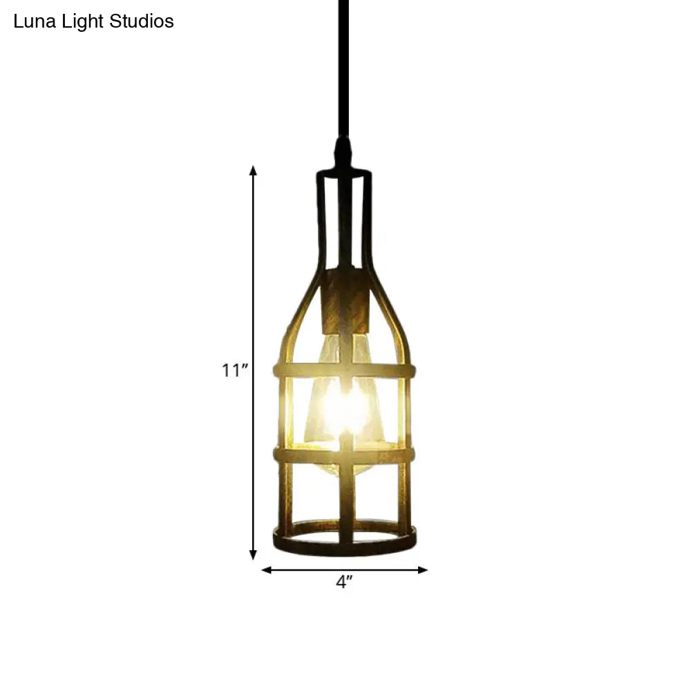 Industrial Wire Caged Metal Hanging Pendant Light with Wine Bottle Design - Black/Antique Brass Finish