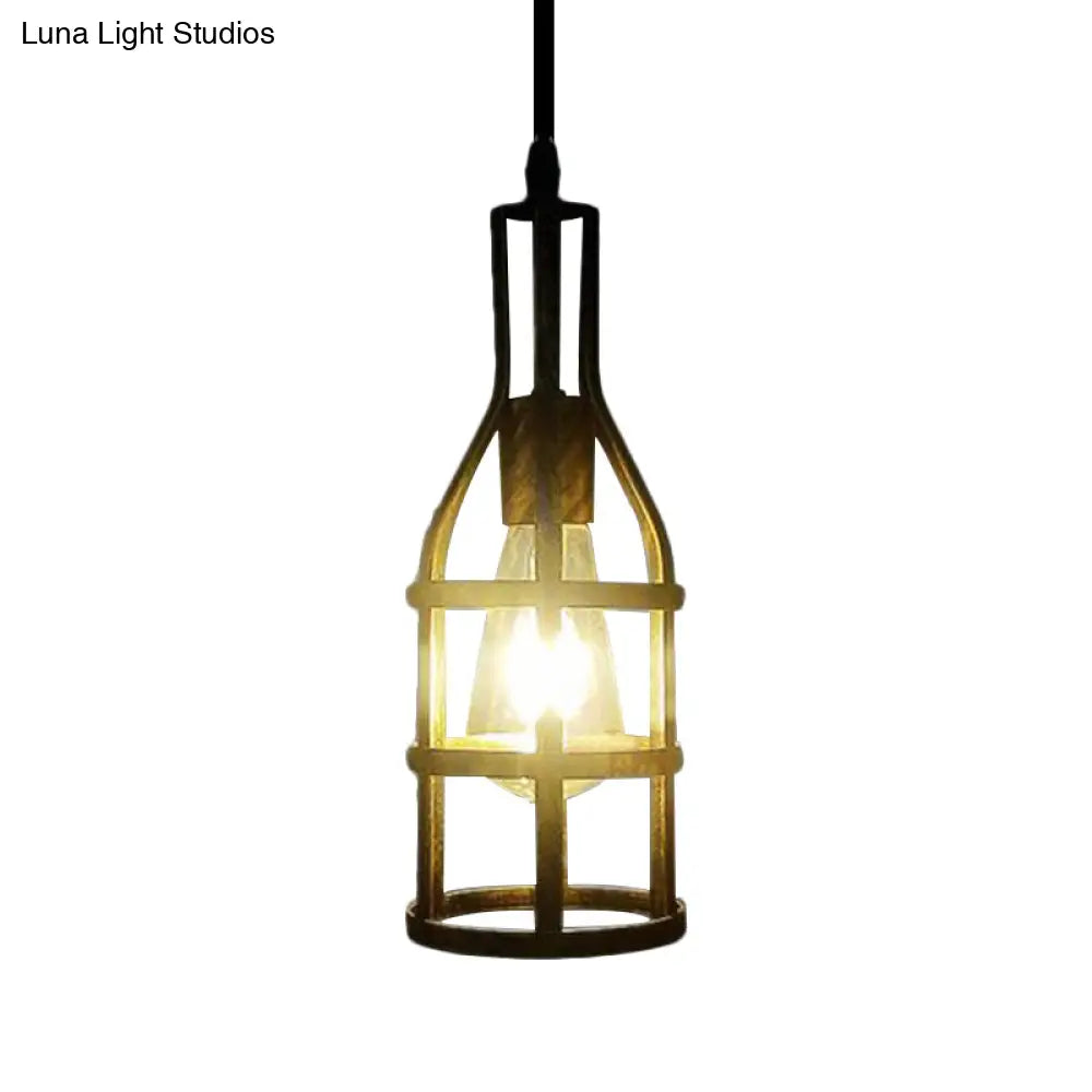 Industrial Wire Caged Metal Hanging Pendant Light with Wine Bottle Design - Black/Antique Brass Finish