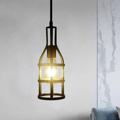 Industrial Wire Caged Metal Hanging Pendant Light with Wine Bottle Design - Black/Antique Brass Finish