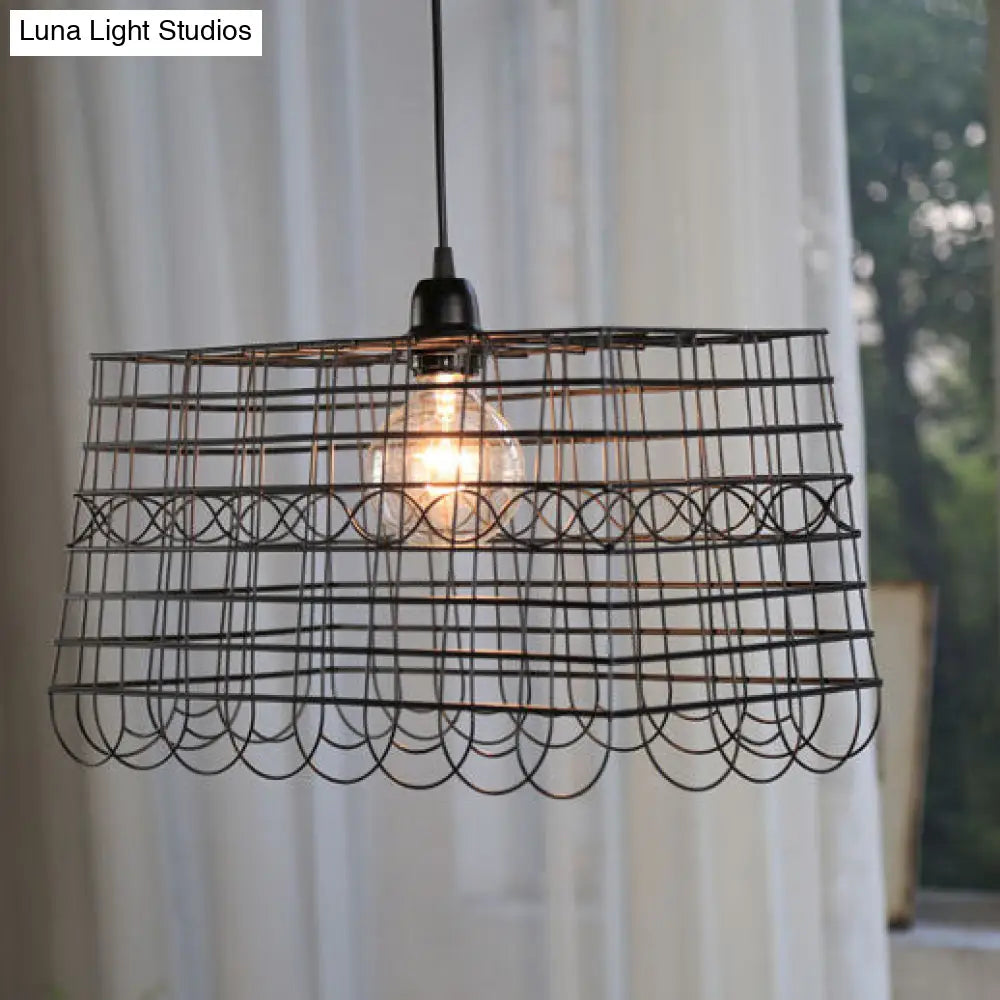 Industrial Wire Mesh Pendant Light with Stylish Metal Black Finish, Ideal for Balcony, 1-Light