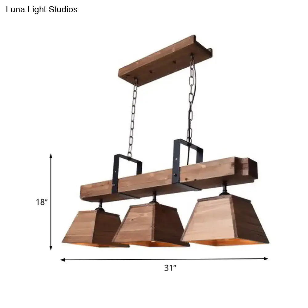 Rustic wooden industrial 3 light trapezoid chandelier with dark metal accents and chain suspension for dining room e26 e27 fixture width