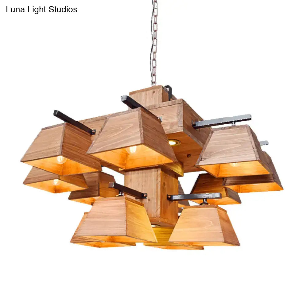 Rustic wooden industrial 3 light trapezoid chandelier with black metal accents for dining room e26 e27 fixture width