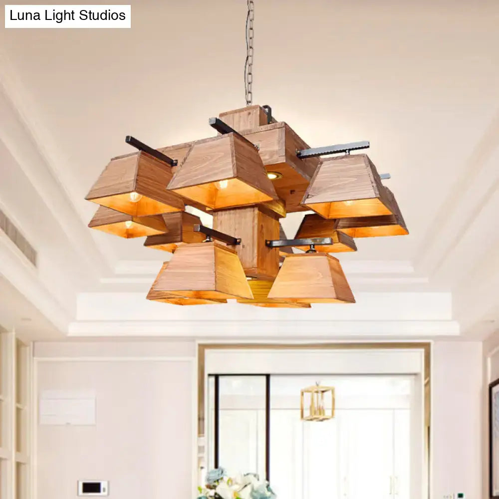 Industrial wood 3 light trapezoid chandelier with geometric wooden shades and black metal accents for dining room e26 e27 fixture width