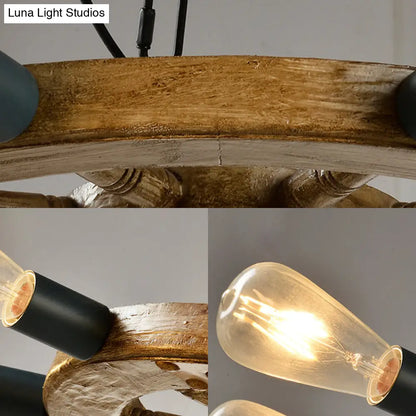 Industrial Wood 8-Light Wheel Chandelier with Black Chain - Dining Room Ceiling Fixture