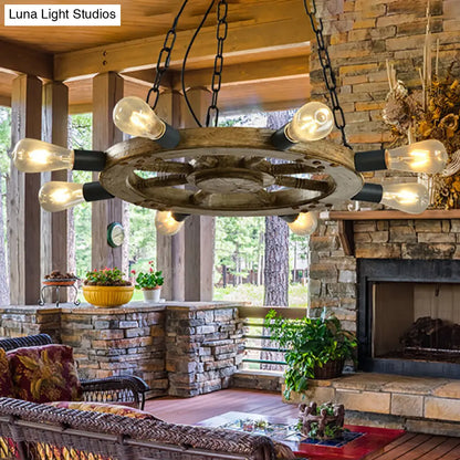 Industrial Wood 8-Light Wheel Chandelier with Black Chain - Dining Room Ceiling Fixture