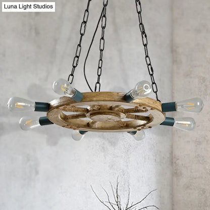 Industrial Wood 8-Light Wheel Chandelier with Black Chain - Dining Room Ceiling Fixture