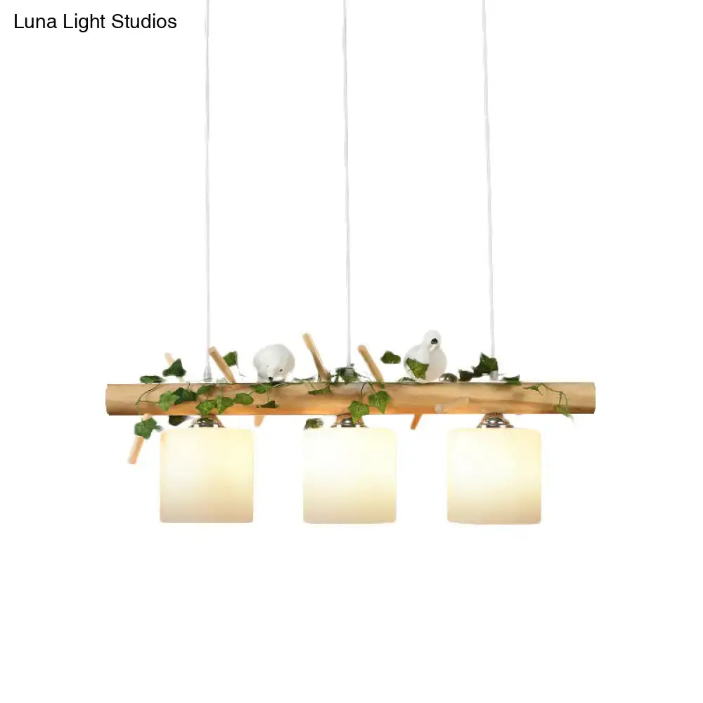 Natural wood beam pendant light with three frosted glass shades and white bird accents for coffee shop 220v-240v chain cord length