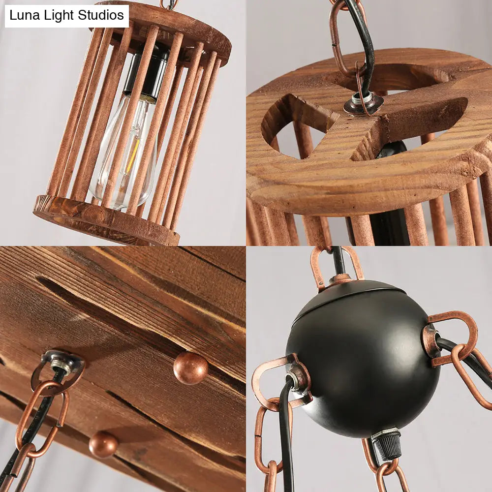 Industrial Wood and Black Cylinder Chandelier with 3 Lights and Chain for Dining Room