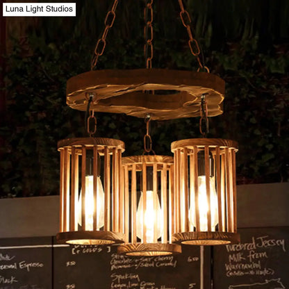 Industrial Wood and Black Cylinder Chandelier with 3 Lights and Chain for Dining Room