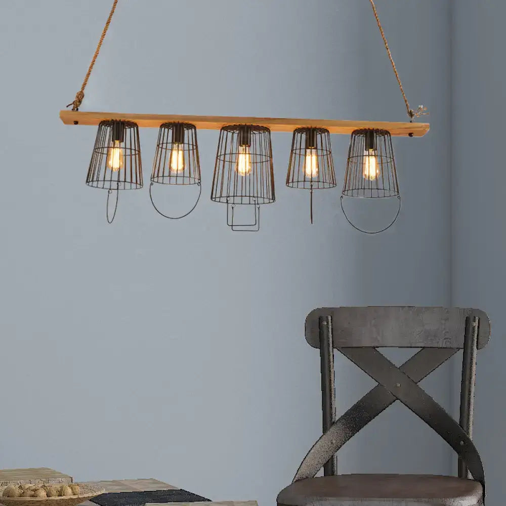 Rustic wooden beam pendant light with five black metal wire cage shades and exposed filament bulbs for living room 220v-240v