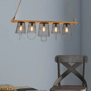 Rustic wooden beam pendant light with five black metal wire cage shades and exposed filament bulbs for living room 220v-240v