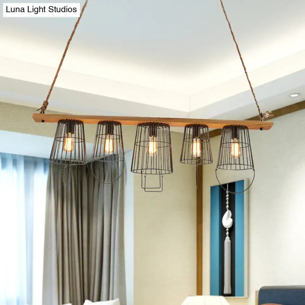 Industrial black metal cage island lamp with five bucket shades hanging from rustic wood for living room 220v-240v 110v-120v