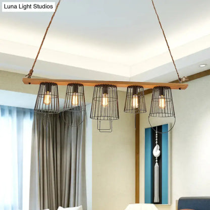 Industrial black metal cage island lamp with five bucket shades hanging from rustic wood for living room 220v-240v 110v-120v
