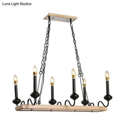 Rustic farmhouse-style chandelier with light wood frame black metal chains candle style island light with gold-tipped bulbs