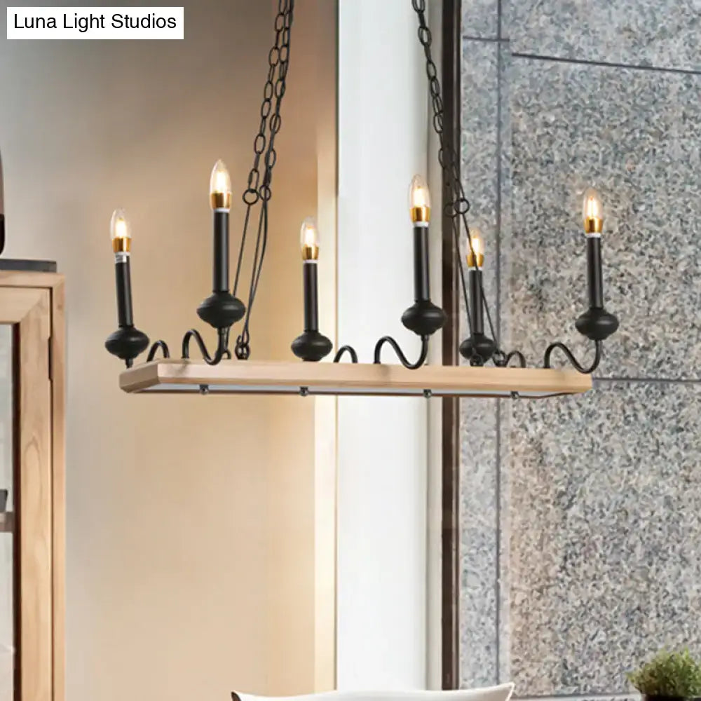 DecorBites vintage black metal pendant lighting features a five-light candle style island light with wood plank base