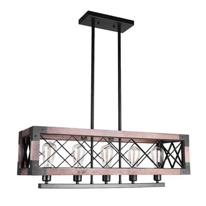 Decorbites vintage metal island lamp rectangular 5-bulb pendant light with rustic wood frame and black metal accents