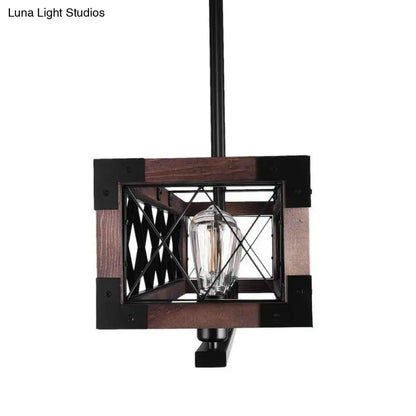 Decorbites™ vintage metal island lamp with black metal frame, wood accents, and exposed filament bulbs