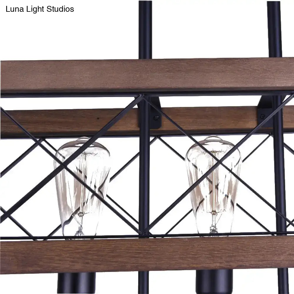 DecorBites™ vintage metal island lamp with black metal frame, warm wood slats, and two clear glass filament bulbs