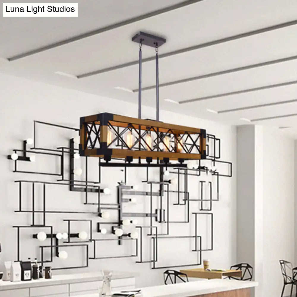 Industrial wood and black metal pendant light with rectangular frame and exposed bulbs for dining room use