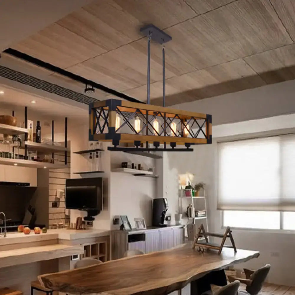 Industrial wood and black metal pendant light with rustic frame and four exposed edison bulbs for dining room lighting