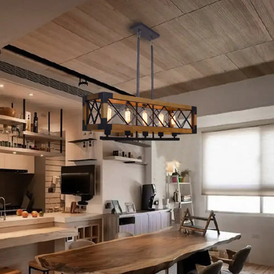 Industrial wood and black metal pendant light with rustic frame and four exposed edison bulbs for dining room lighting