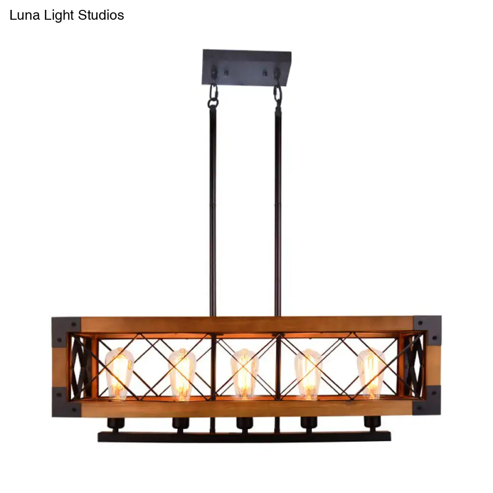 Industrial wood and black metal pendant light with rectangular frame, cross-braced design, and five exposed edison bulbs