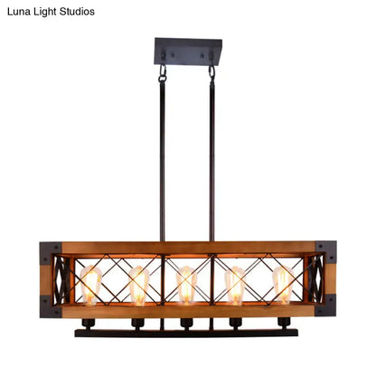 Industrial wood and black metal pendant light with rectangular frame, cross-braced design, and five exposed edison bulbs