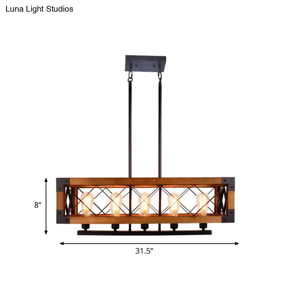 Industrial wood and black metal pendant light with rustic frame and five exposed filament bulbs for dining room use