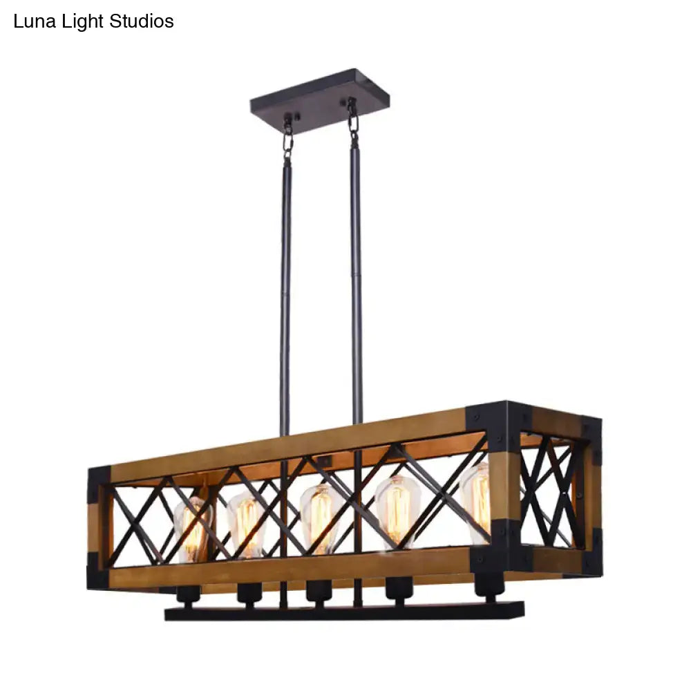 Industrial wood and black metal rectangular pendant light with rustic frame and five exposed Edison bulbs for dining room