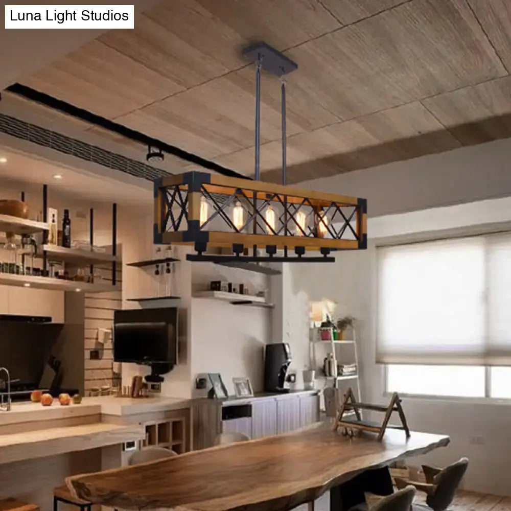 Industrial wood and black metal pendant light with rectangular frame and four exposed edison bulbs for dining room use