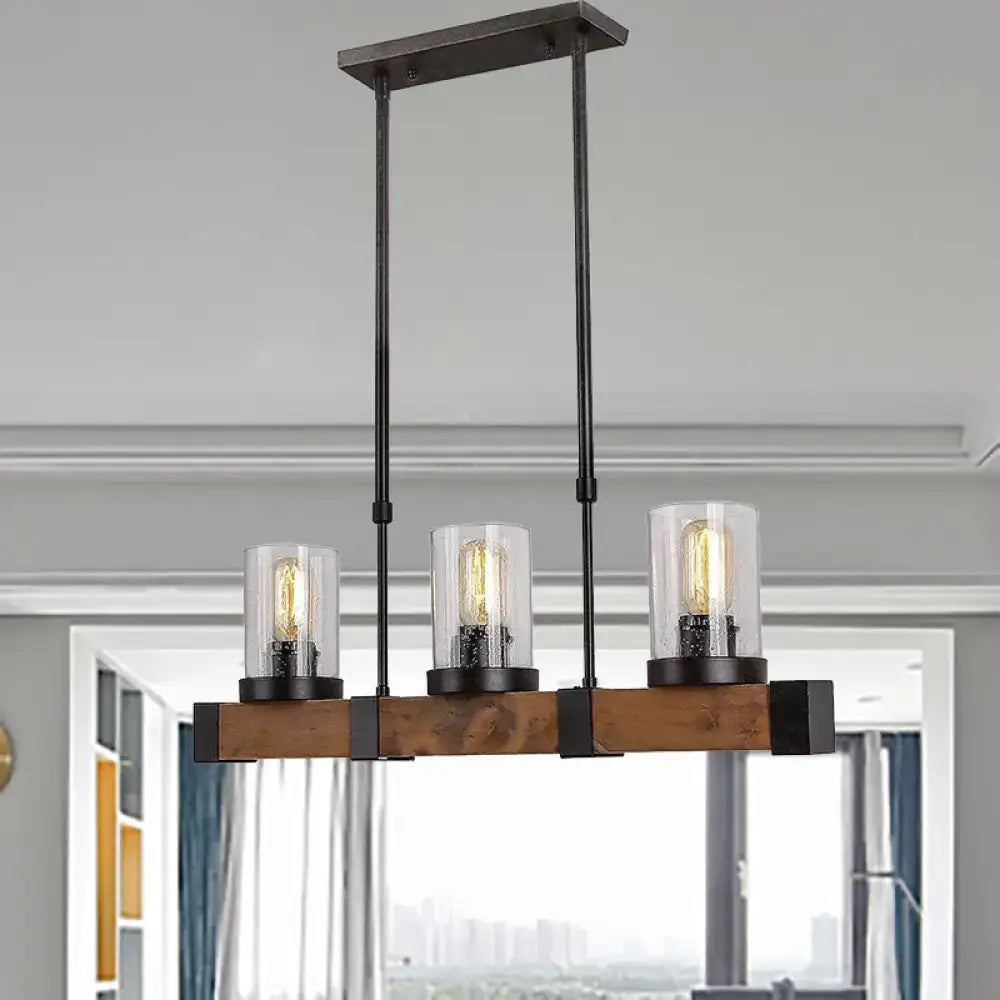 DecorBites traditional dining room pendant light with clear glass cylinders black metal frame and rustic wooden beam