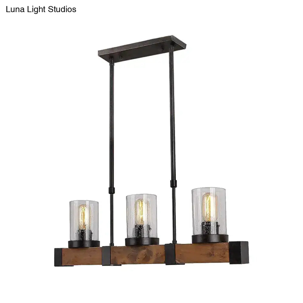 Decorbites traditional dining room pendant light with clear glass cylinders, black metal frame, and rustic wooden base