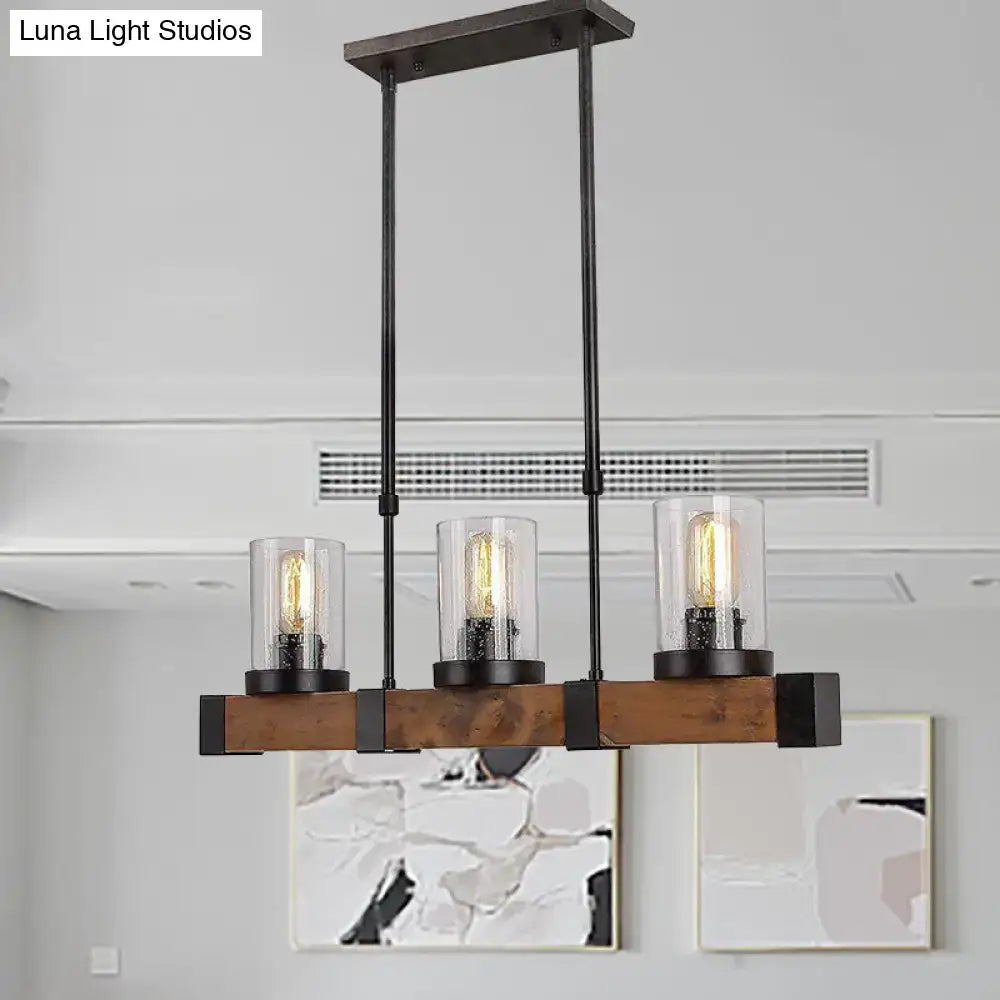 DecorBites™ traditional dining room pendant light with clear glass cylinders black metal frame and rustic wooden beam