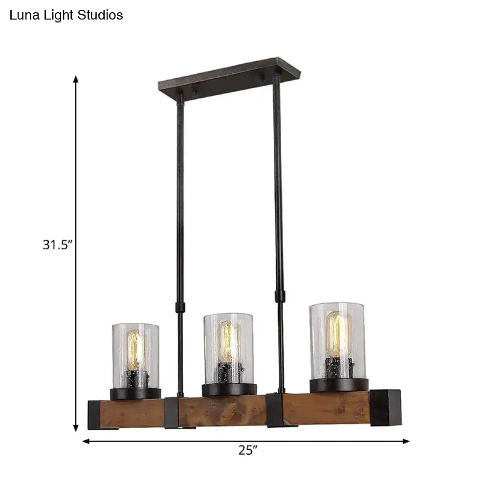 DecorBites traditional dining room pendant light with clear glass cylinder, black metal frame, and rustic wooden base