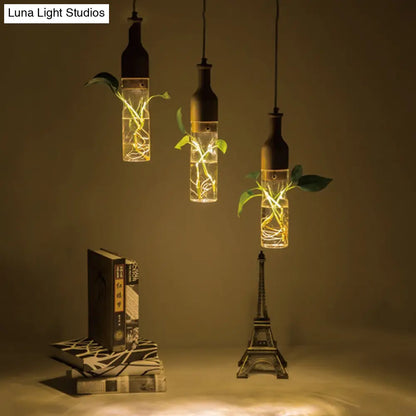 Industrial Wood and Glass Pendant Lighting with Multi Bulbs and Wine Bottle Design for Restaurants