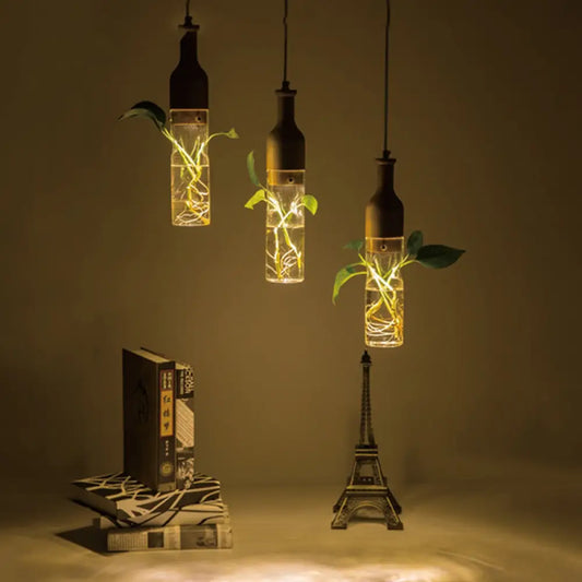 Industrial Wood and Glass Pendant Lighting with Multi Bulbs and Wine Bottle Design for Restaurants