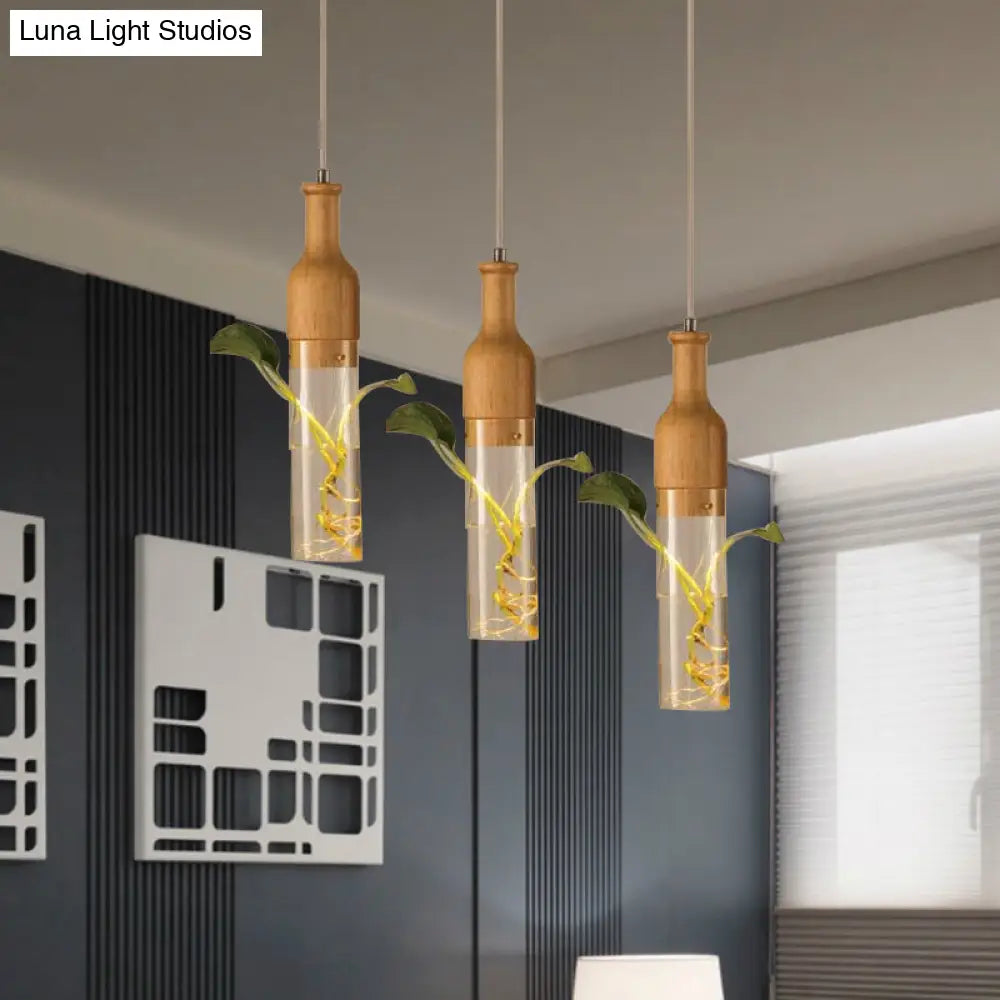 Industrial Wood and Glass Pendant Lighting with Multi Bulbs and Wine Bottle Design for Restaurants