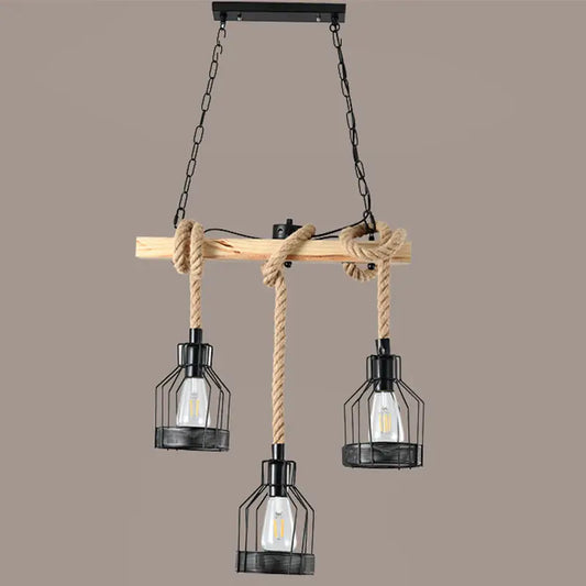 DecorBites™ Hang-It-Out farmhouse pendant lamp with rustic wood beam black metal cage shades and beige rope suspension