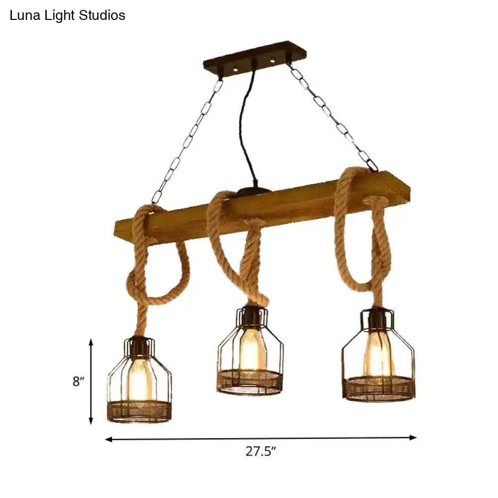 Rustic wooden beam black pendant chandelier with three metal rope caged bulbs for restaurant island lighting