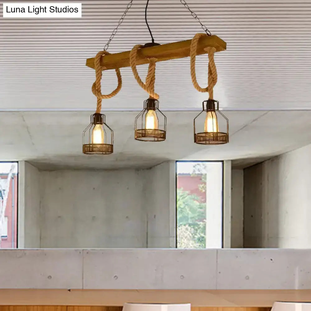 Industrial wood and rope caged restaurant island lighting with black metal pendant chandelier and warm-toned bulbs