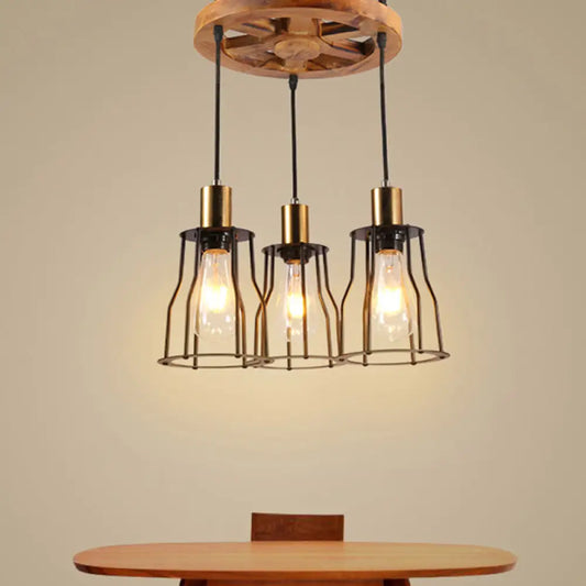 Industrial Wood Bell Cage Pendant Light with Brass Accents - 3/6 Lights for Living Room