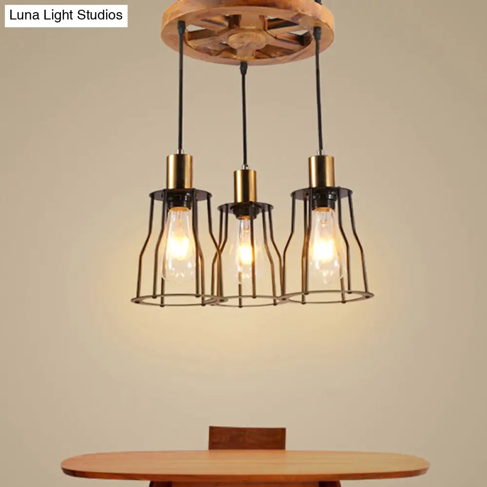 Industrial Wood Bell Cage Pendant Light with Brass Accents - 3/6 Lights for Living Room