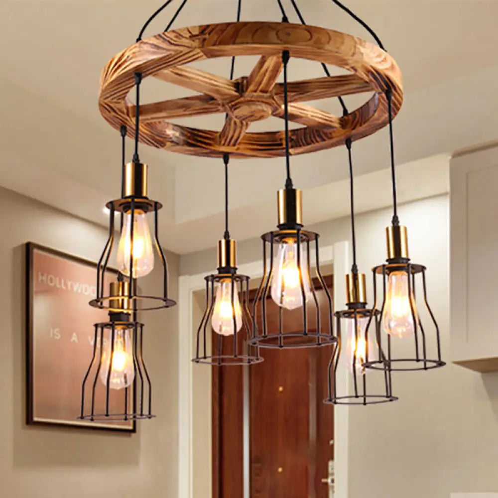 Industrial Wood Bell Cage Pendant Light with Brass Accents - 3/6 Lights for Living Room