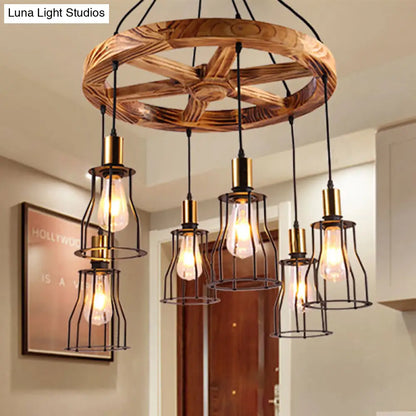 Industrial Wood Bell Cage Pendant Light with Brass Accents - 3/6 Lights for Living Room