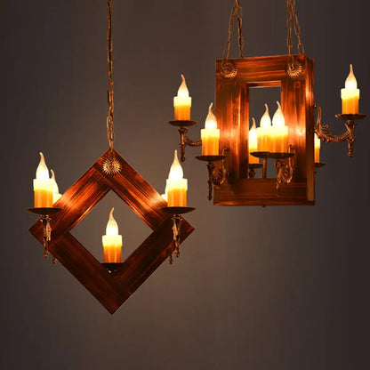 Industrial Wood Candelabra Chandelier with 5/7 Hanging Lights in Brown Finish