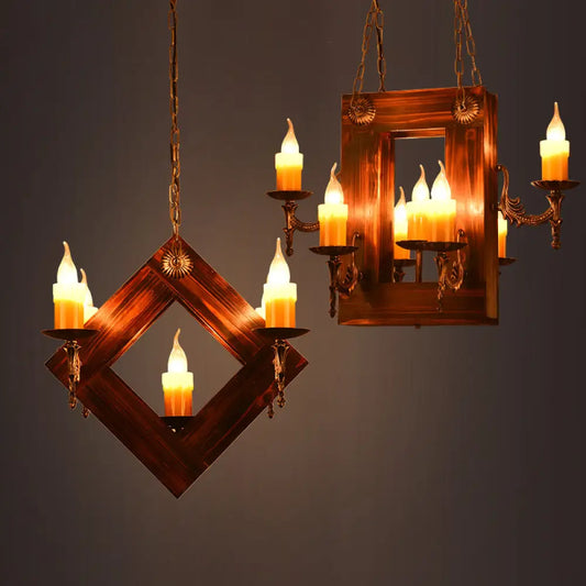 Industrial Wood Candelabra Chandelier with 5/7 Hanging Lights in Brown Finish