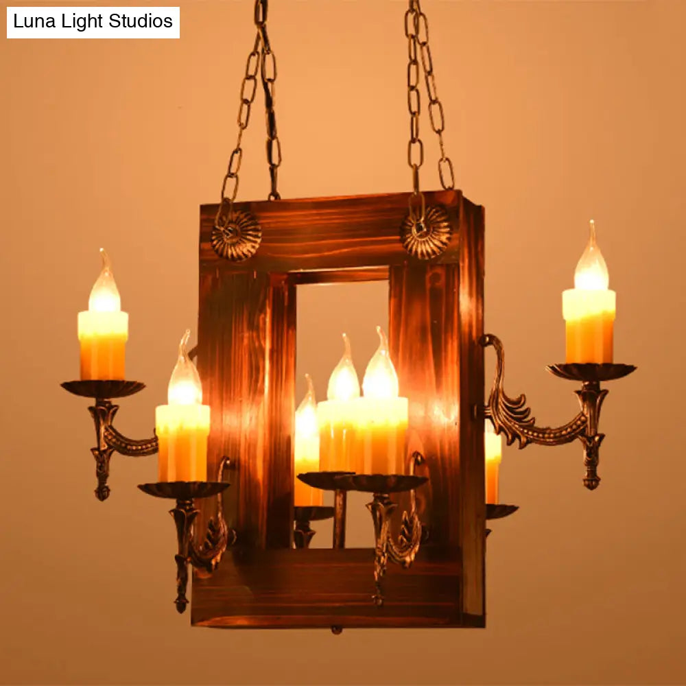 Industrial Wood Candelabra Chandelier with 5/7 Hanging Lights in Brown Finish